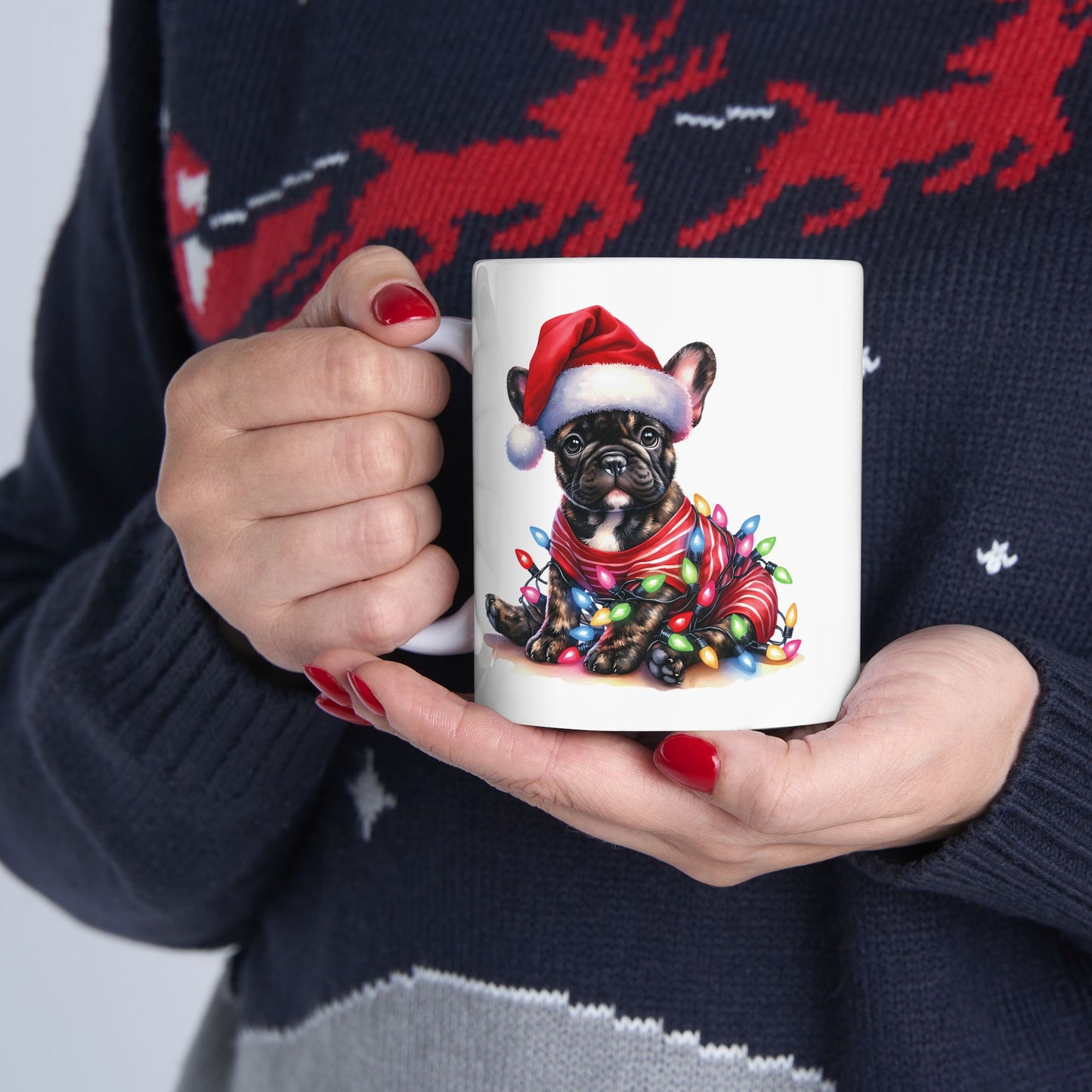 🎄 French Bulldog Christmas Lights Mug – Holiday Mischief, Frenchie Style! 🐶☕