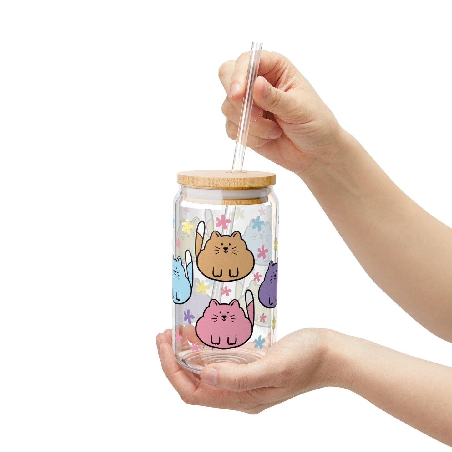 😸🌼 Colorful Cartoon Cat Sipper Glass – Whimsical 16oz Fun for Every Sip 🥤