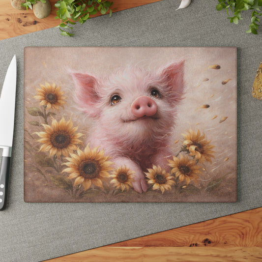 Sunflower Pig Glass Cutting Board – Cozy Farmhouse Kitchen Decor
