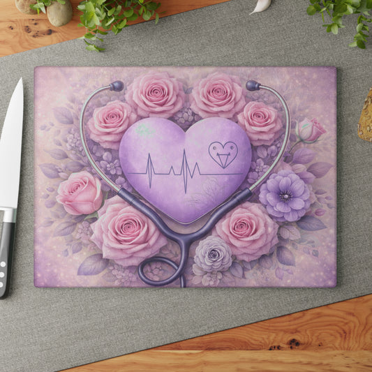 Nurse Heartbeat Floral Glass Cutting Board – Medical Appreciation Kitchen Art