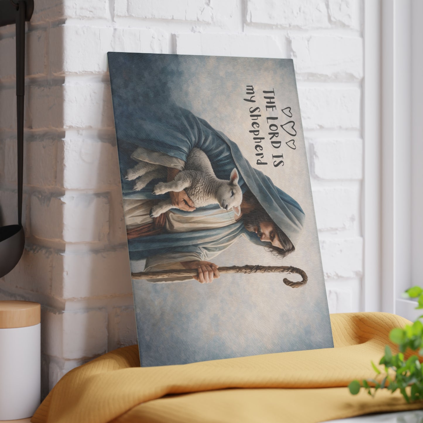 The Lord Is My Shepherd Glass Cutting Board – Faith-Inspired Lamb & Shepherd Artwork