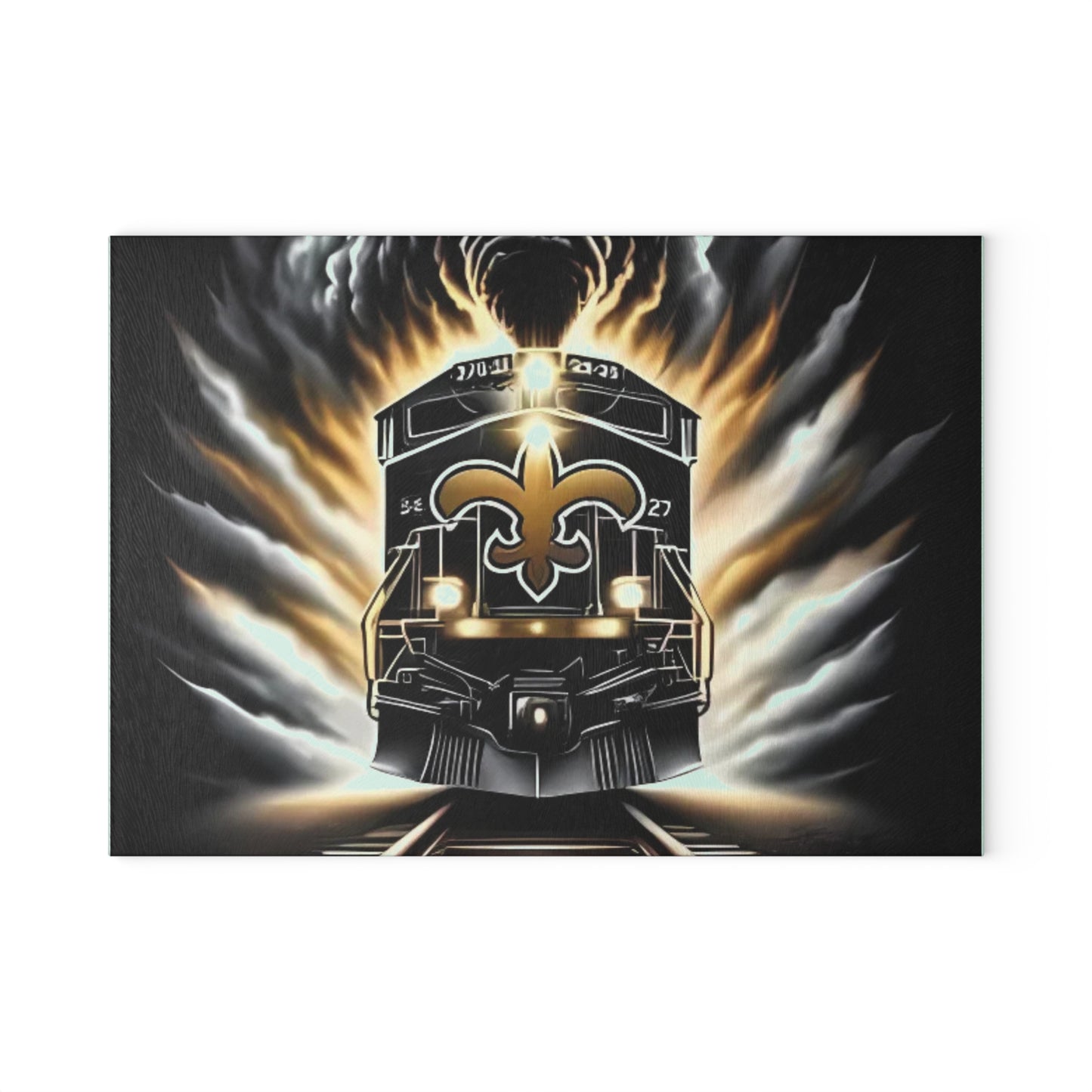 Black & Gold Express Glass Cutting Board – Luxe Train Art for Sophisticated Kitchens