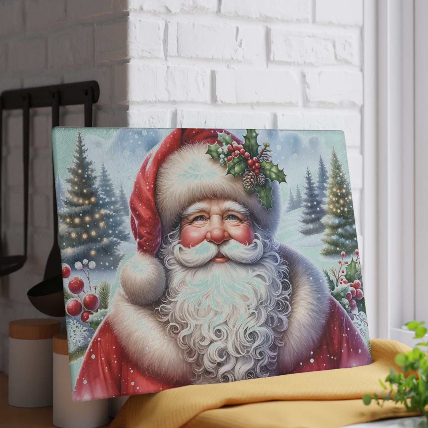 🎅✨ “Jolly Santa in the Pines” Glass Cutting Board – Cozy Charm for Your Kitchen