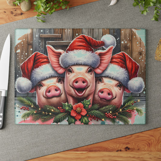 🐷🎄 “Santa Hat Pig Trio” Glass Cutting Board – Cozy Charm for Your Kitchen