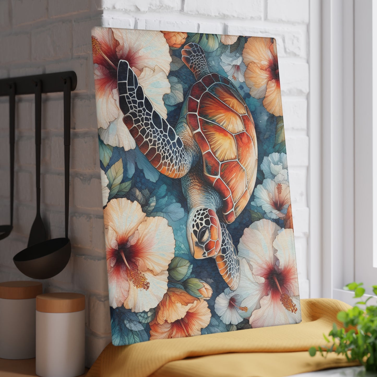 🐢 Tropical Sea Turtle & Hibiscus Cutting Board – Coastal Elegance for Your Kitchen 🌺