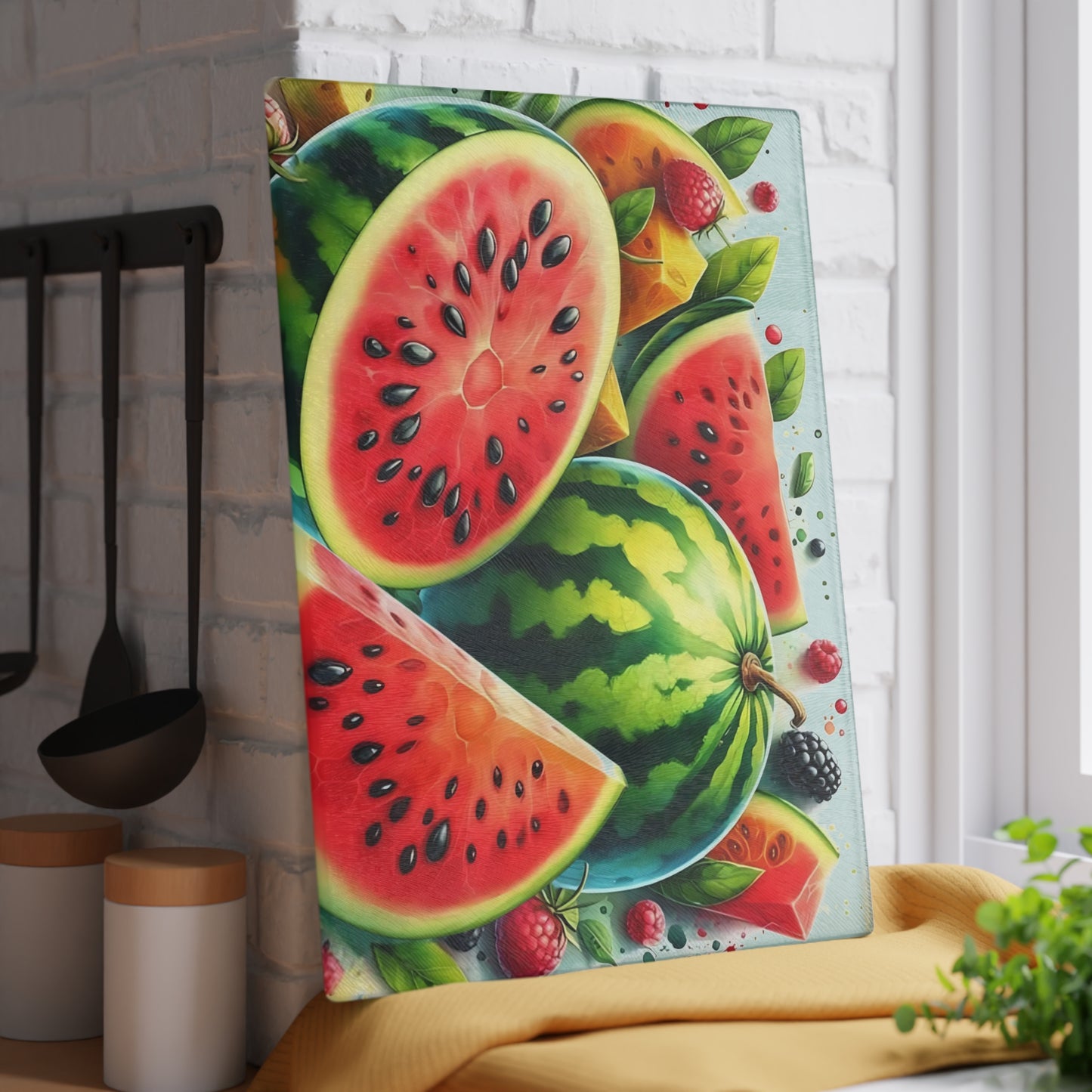 Tabla de cortar de vidrio con sandía jugosa: un dulce ambiente de cocina de verano
