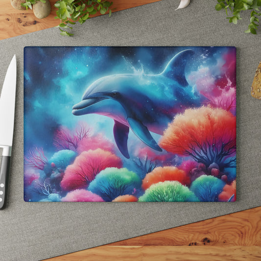 Tabla de cortar de vidrio con diseño de delfín con brillo submarino: una vibrante escena oceánica para cocinas costeras