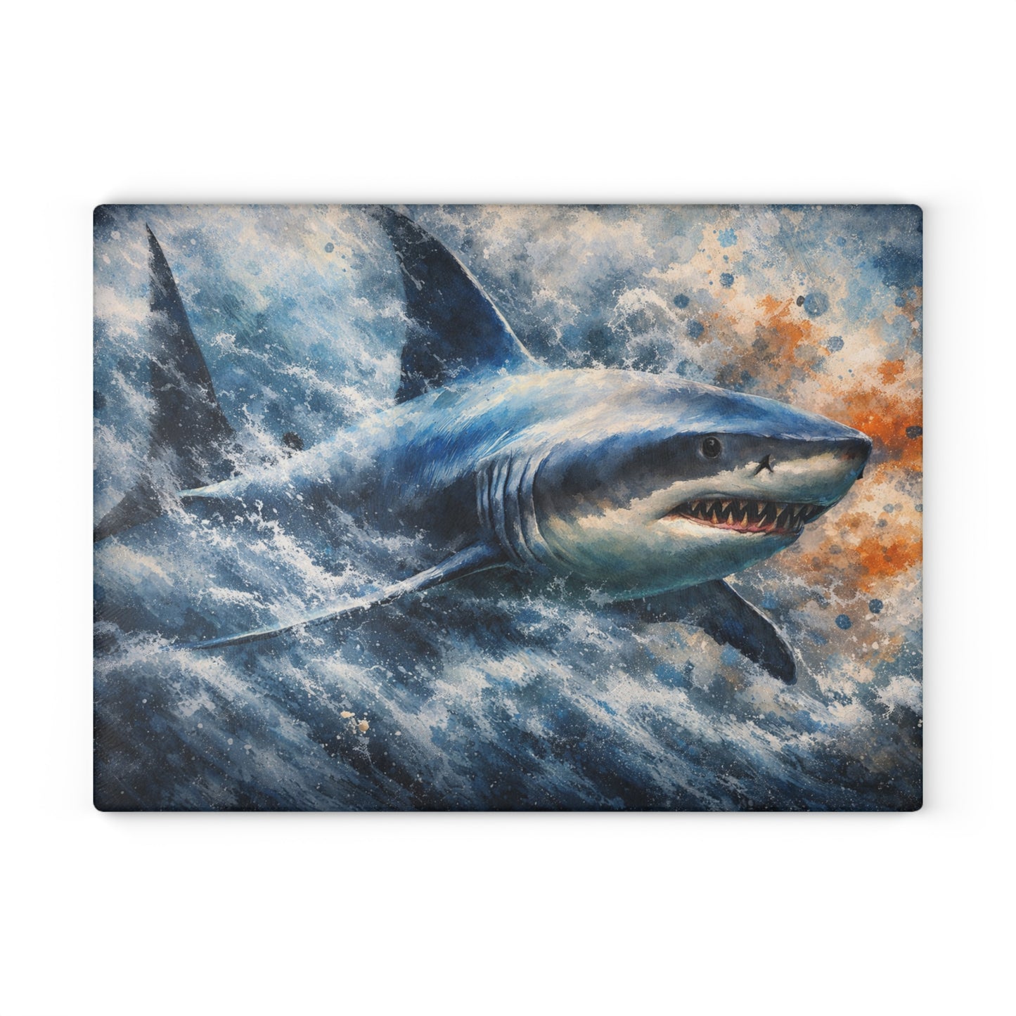 Power of the Tide Glass Cutting Board – Dynamic Great White Shark Artwork