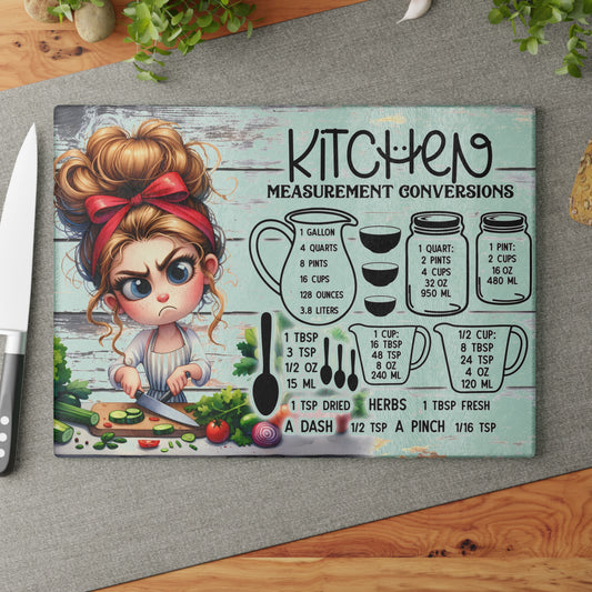 Tabla de cortar de vidrio para “Conversión de medidas en la cocina” – Guía de cocina de la mujer gruñona de dibujos animados