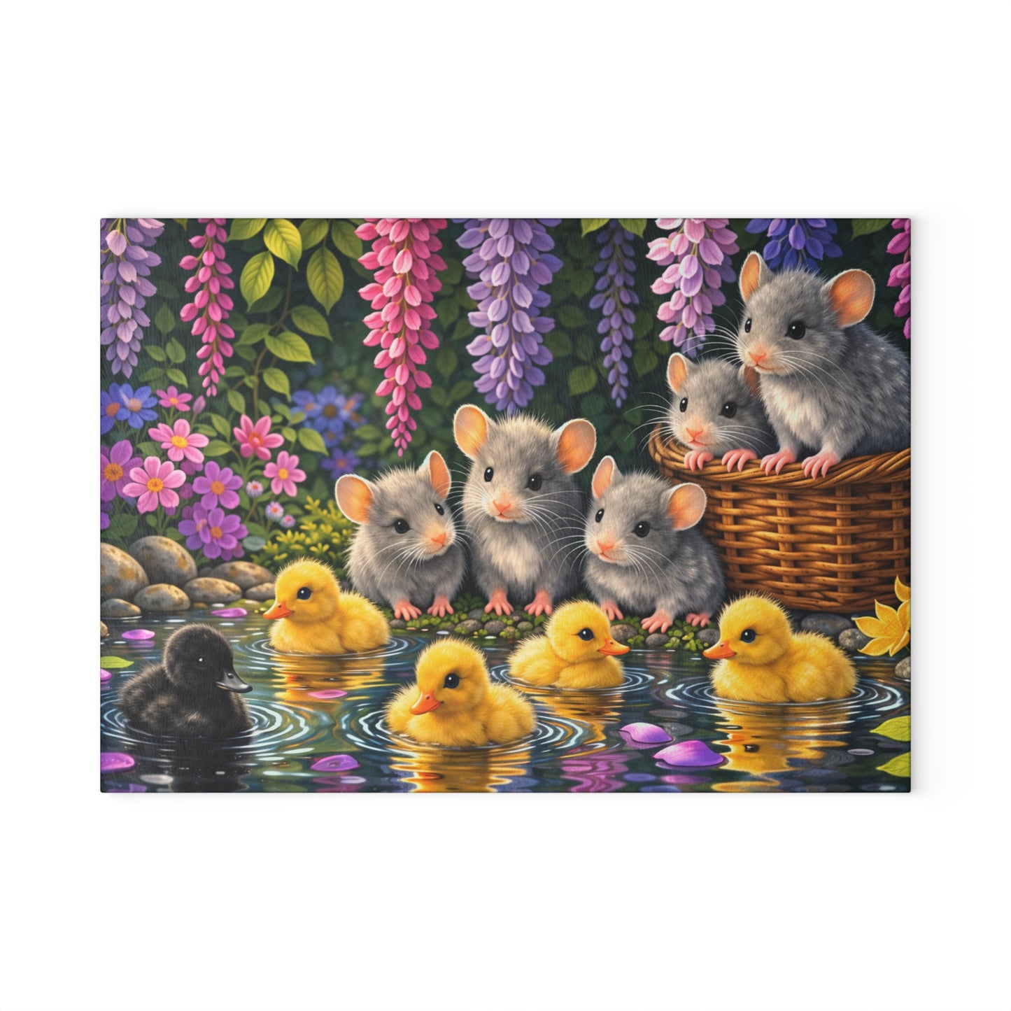 Baby Ducklings and Mice Pond Glass Cutting Board – Whimsical Woodland Garden Artwork