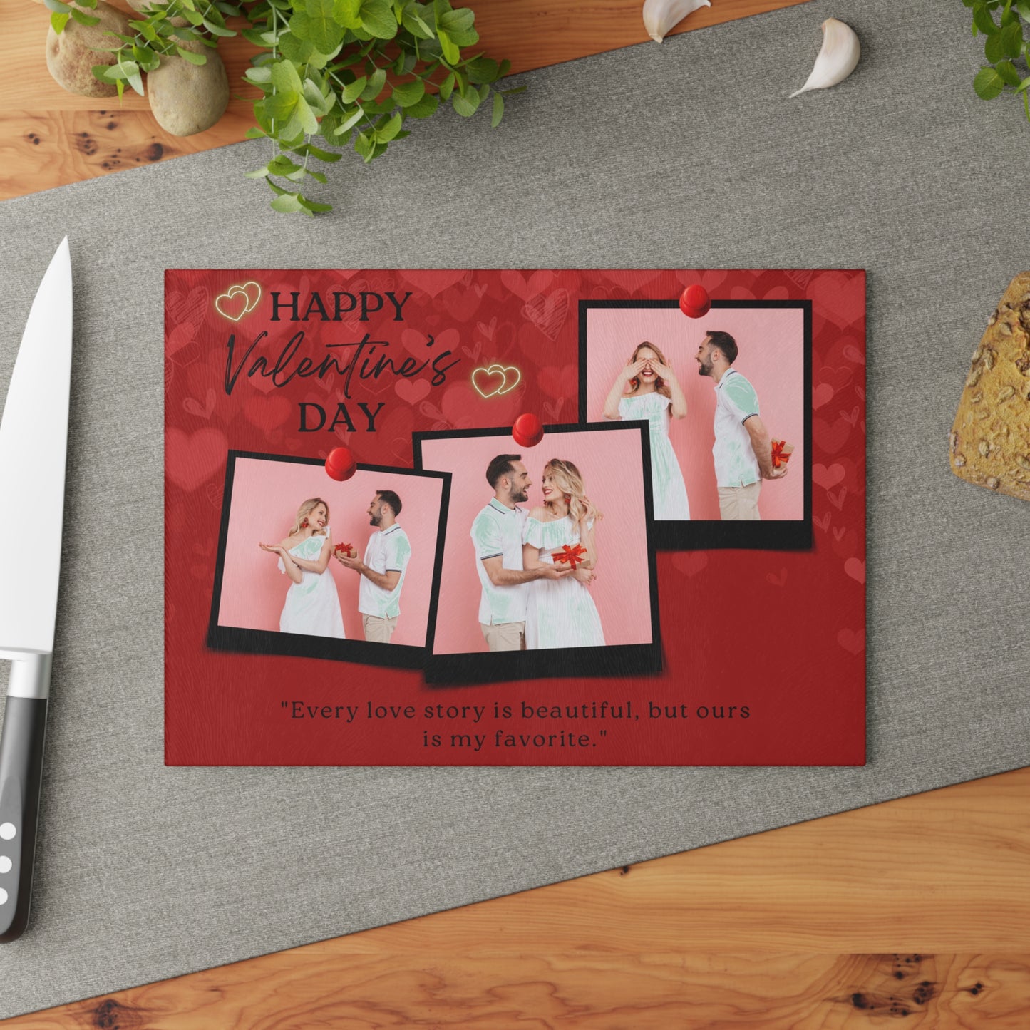 Happy Valentine’s Day Photo Collage Glass Cutting Board – Romantic Personalized Keepsake
