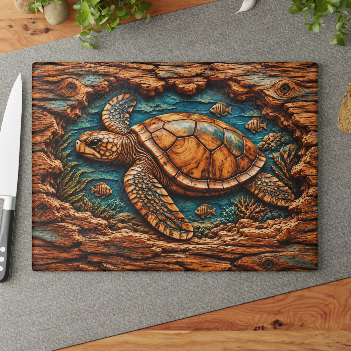 Ultra-Realistic 3D Wood-Carved Sea Turtle Cutting Board – High-Relief Pop-Out Illusion, Rustic Driftwood Frame & Underwater Ocean Kitchen Décor
