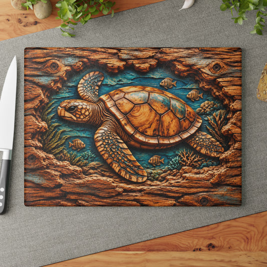 Ultra-Realistic 3D Wood-Carved Sea Turtle Cutting Board – High-Relief Pop-Out Illusion, Rustic Driftwood Frame & Underwater Ocean Kitchen Décor