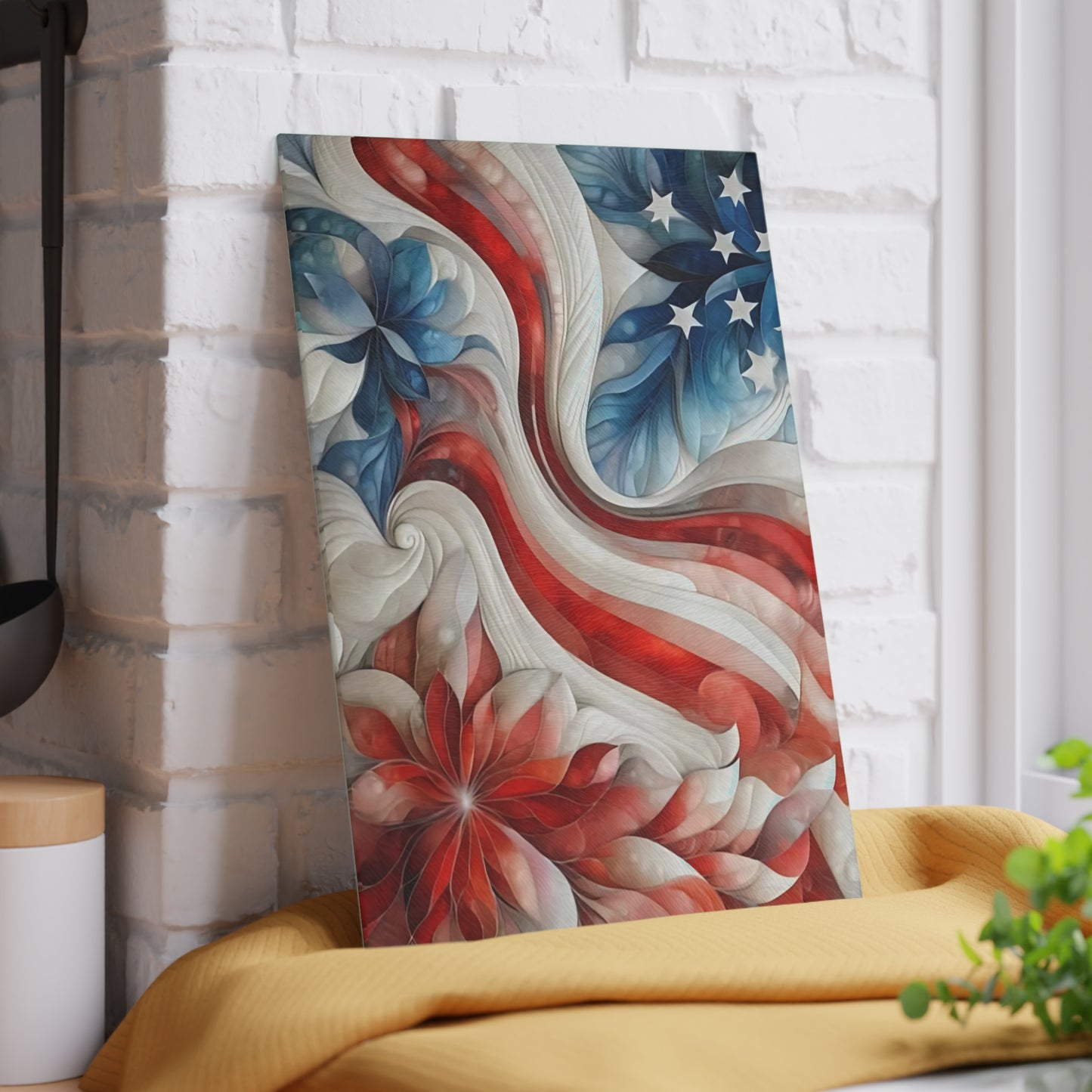 4th of July Quilt looking Glass Cutting Board – Patriotic Charm Meets Function