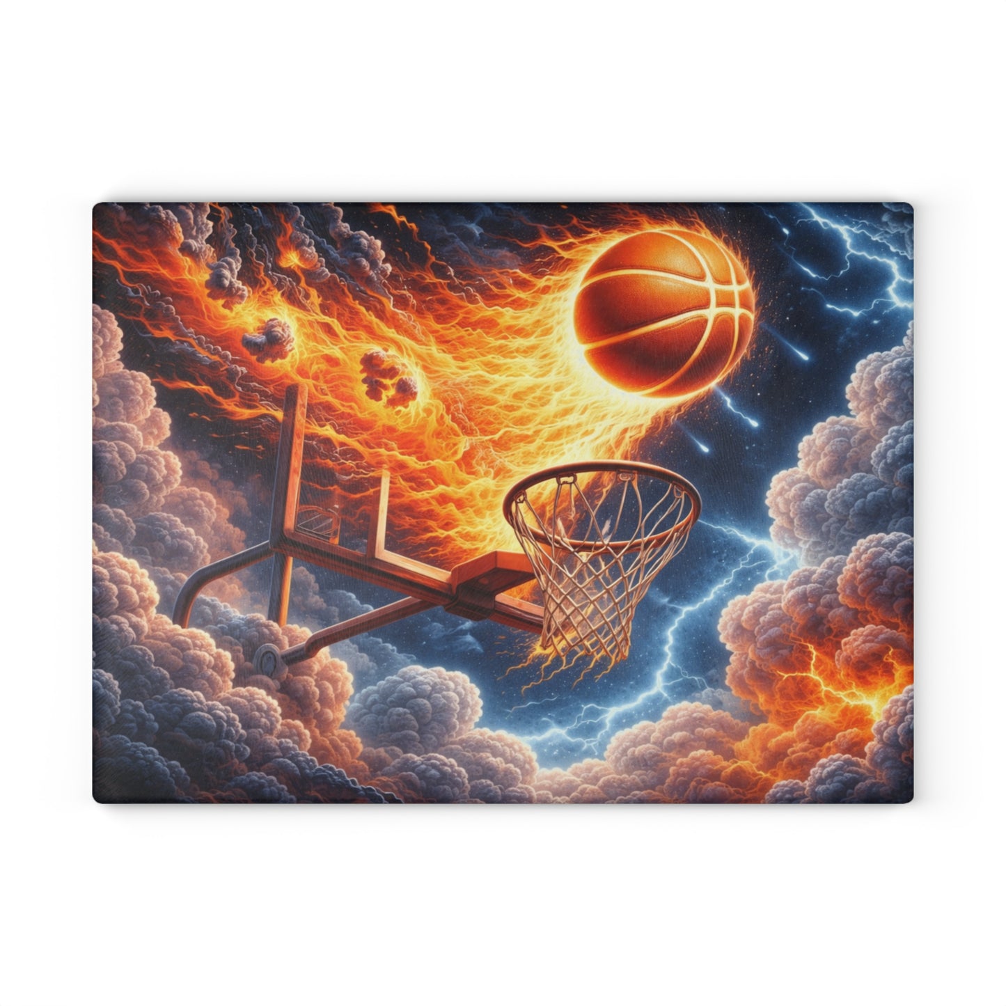 Fiery Basketball Slam Glass Cutting Board – High-Energy Sports Art for Your Kitchen