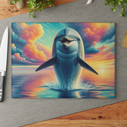 Tabla de cortar de vidrio con delfines felices y nubes arcoíris – Arte de cocina oceánica caprichoso