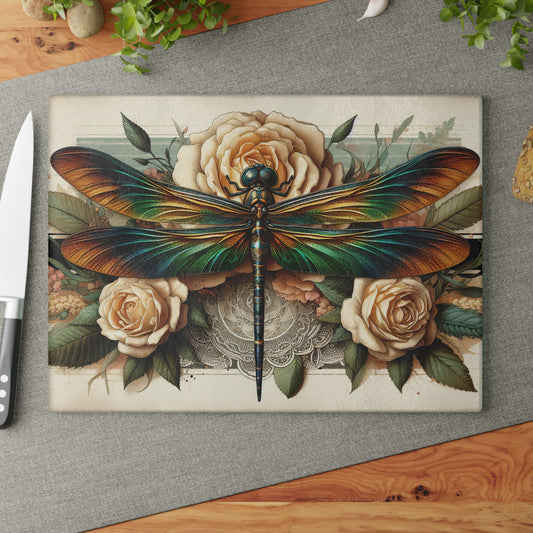 Vintage Dragonfly & Rose Cutting Board – Elegant Botanical Art