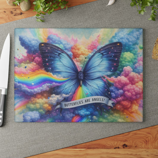 Butterflies Are Angels Glass Cutting Board – Rainbow Butterfly Inspirational Kitchen Art