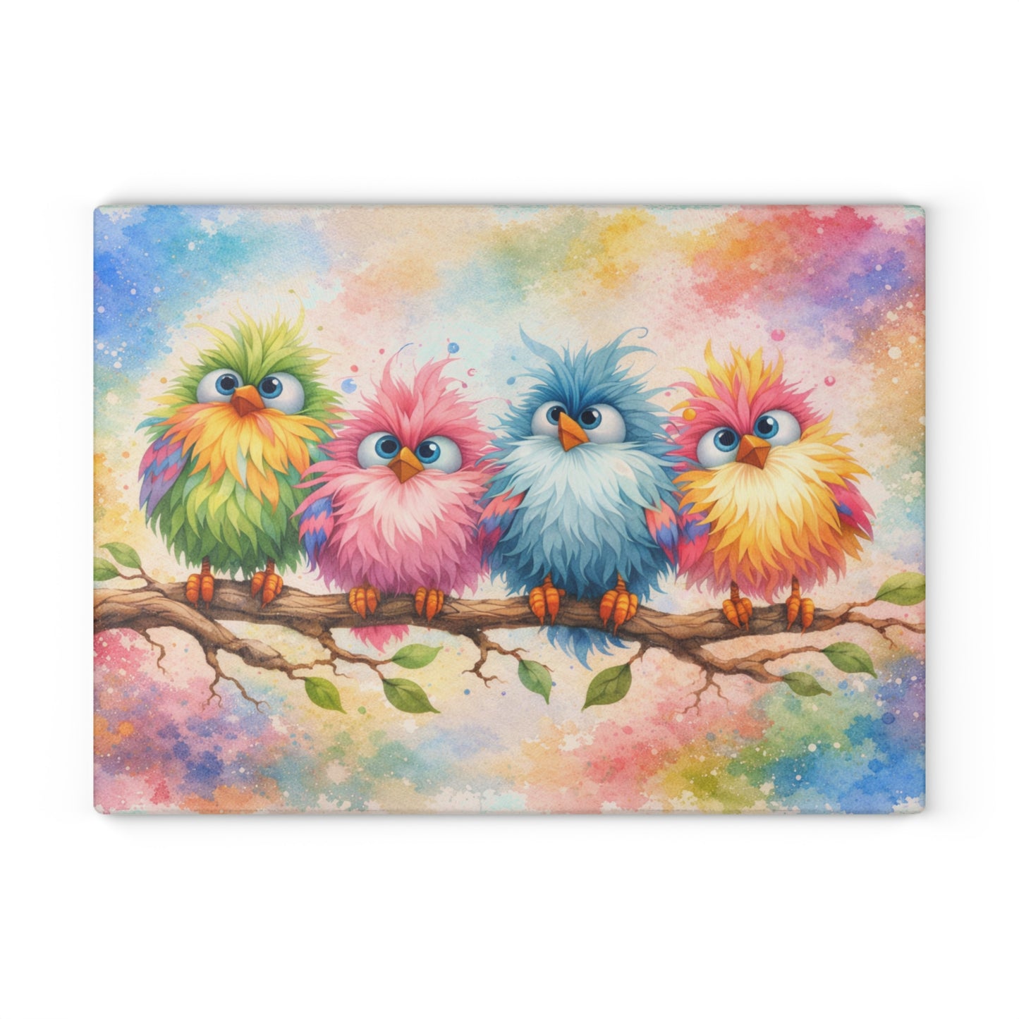 Colorful Birds on a Branch Glass Cutting Board – Whimsical Farmhouse Kitchen Decor with Bright Watercolor Style