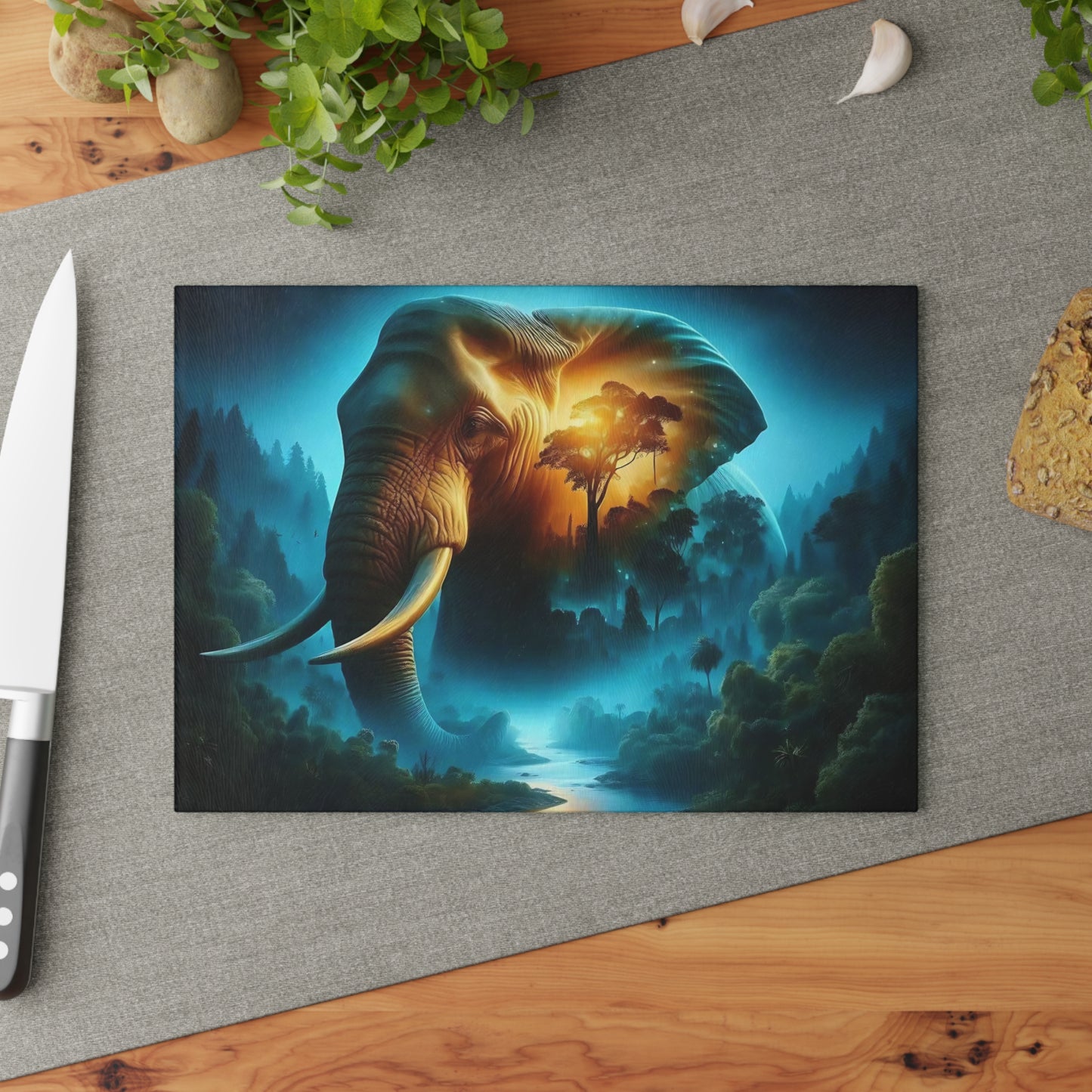 Tabla de cortar de vidrio templado con forma de elefante: presenta una impresionante representación artística de un elefante.