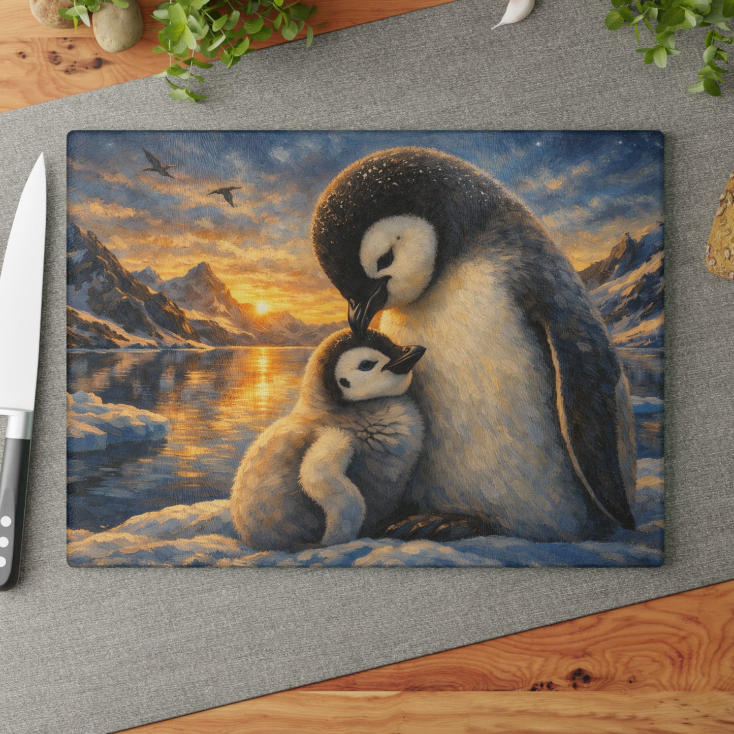 Penguins at Golden Arctic Sunset Glass Cutting Board – Mother and Baby Wildlife Artwork