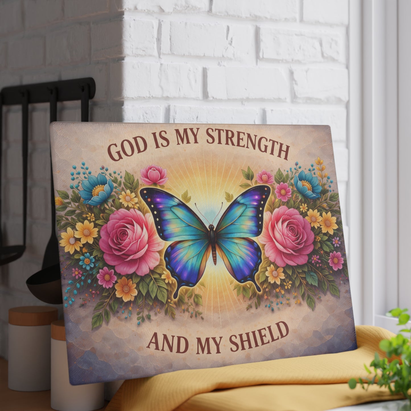 God Is My Strength Glass Cutting Board – Faith Butterfly Floral Christian Kitchen Display