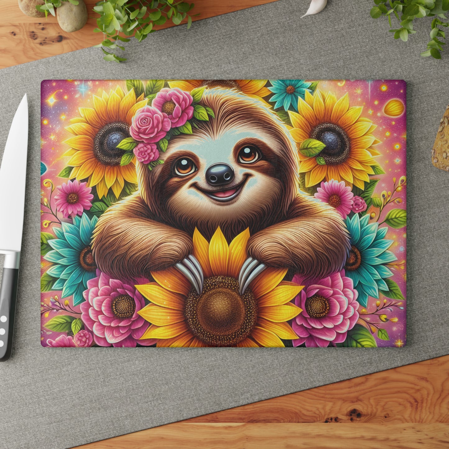 🦥 Sunflower Sloth Cutting Board – Whimsical Blooms for Your Kitchen 🌻
