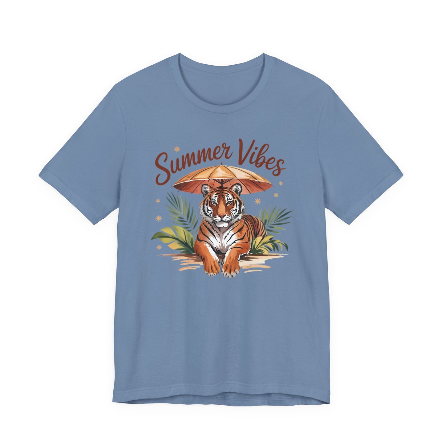 Camiseta Summer Vibes Tiger – Gráfico de palmeras de la selva con paraguas | Múltiples opciones de color