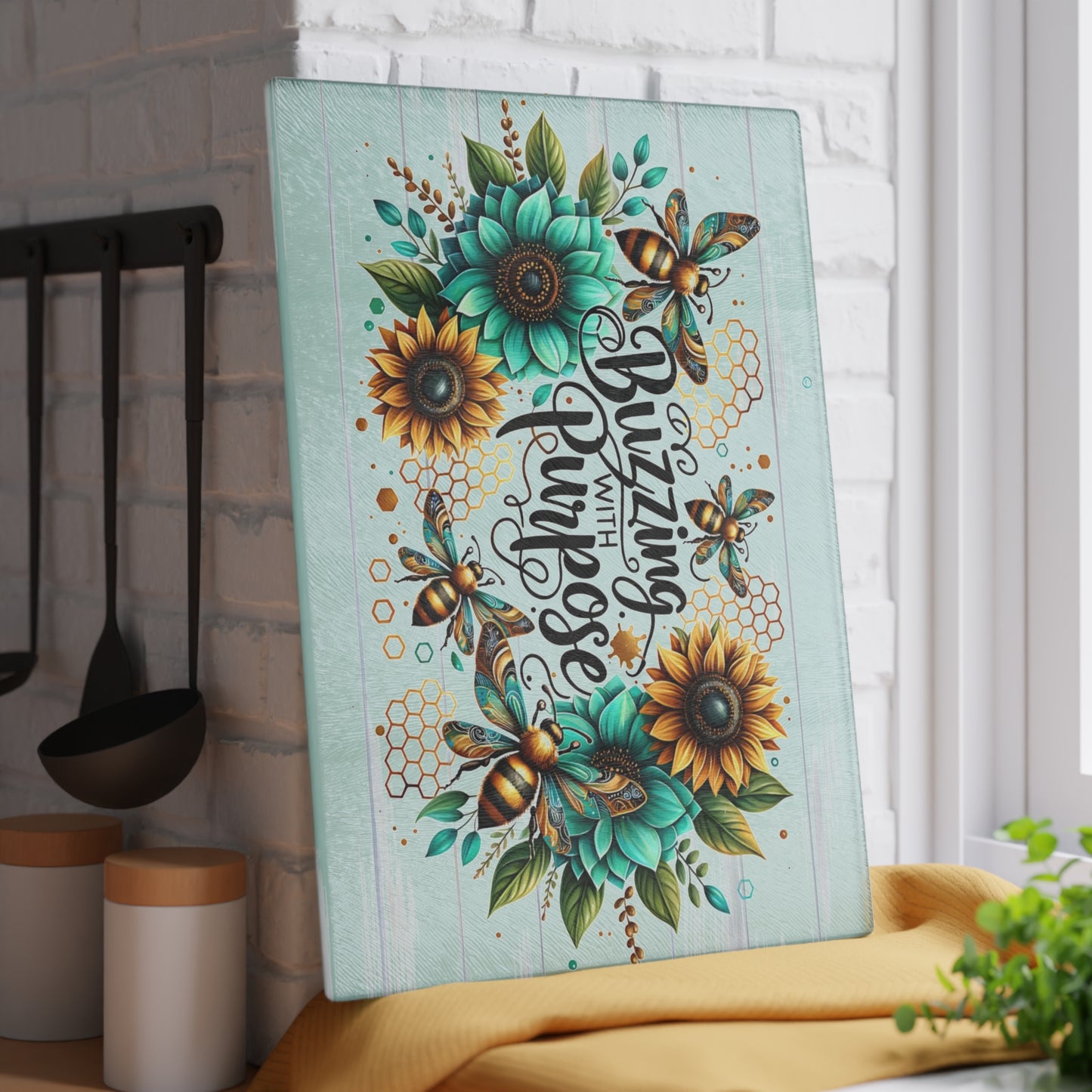 🐝🌻 “Buzzing with Purpose” Glass Cutting Board – Uplift Your Kitchen with Cheer
