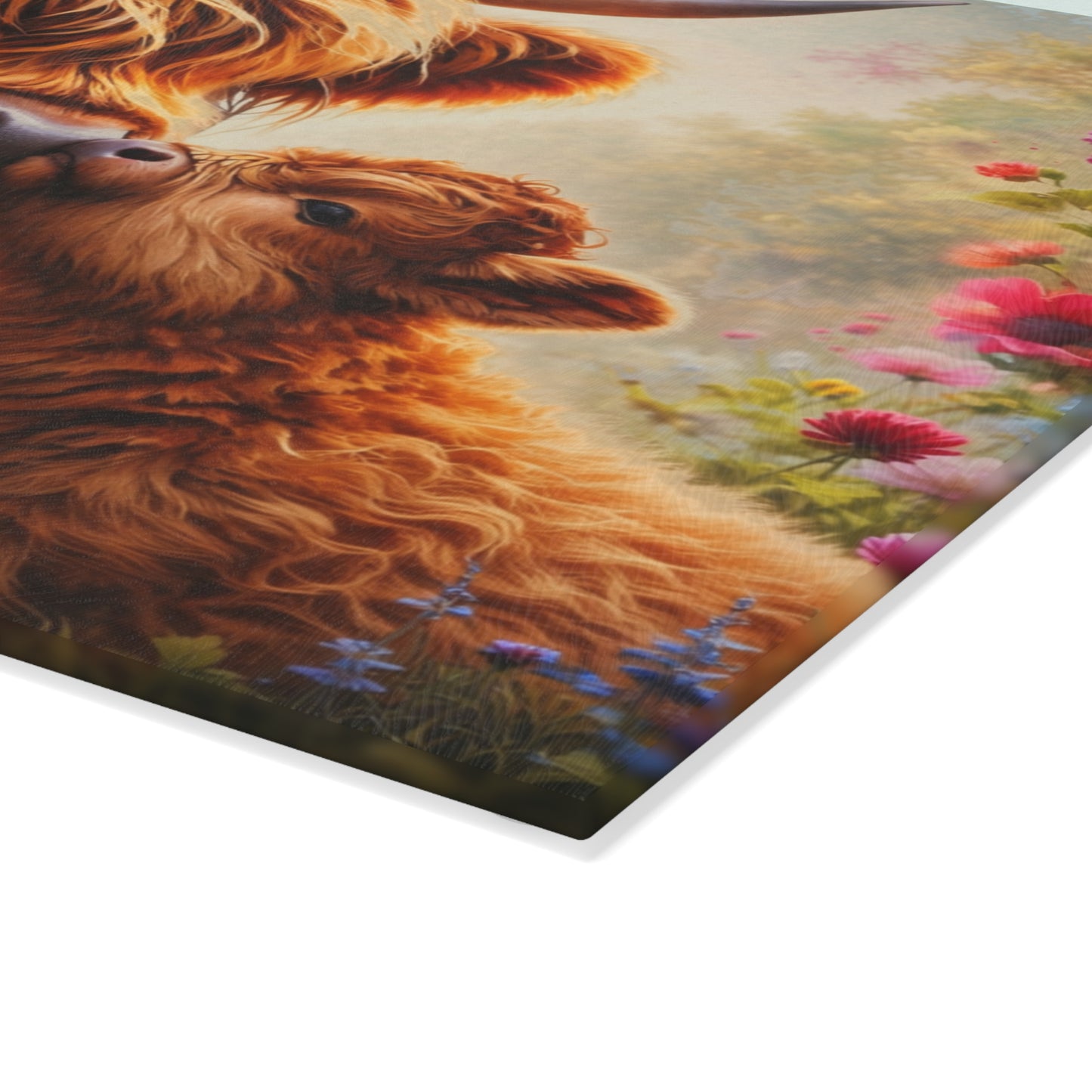 Highland Cow and Calf Floral Glass Kitchen Surface – Warm Farmhouse Style Artwork