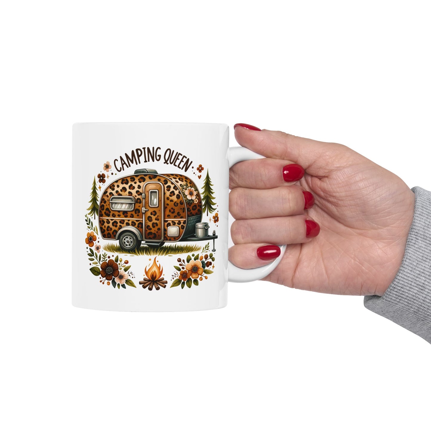 🏕️ Camping Queen – Leopard Print Camper Coffee Mug 🌸
