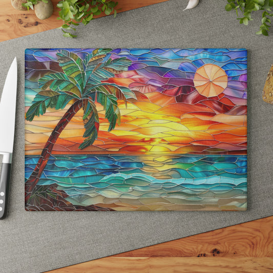 🌅🌴 Stained Glass look like Sunset Beach Cutting Board – Coastal Artistry for Your Kitchen 🌊