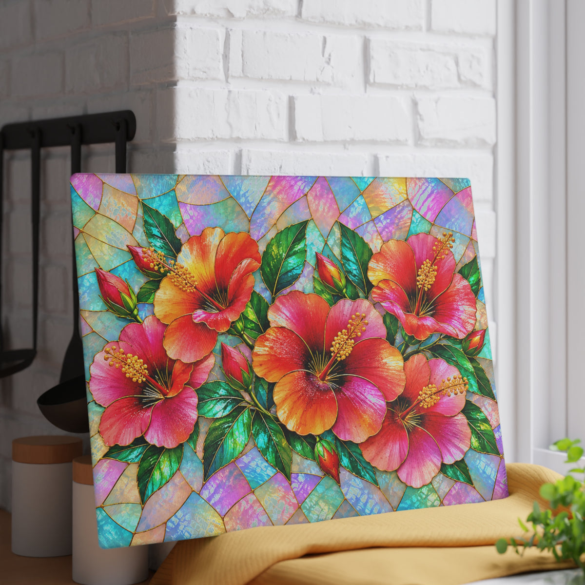 Stained-Glass-Inspired Tropical Hibiscus Cutting Board – Vibrant Pink & Orange Flowers, Iridescent Mosaic Background & Botanical Kitchen Décor