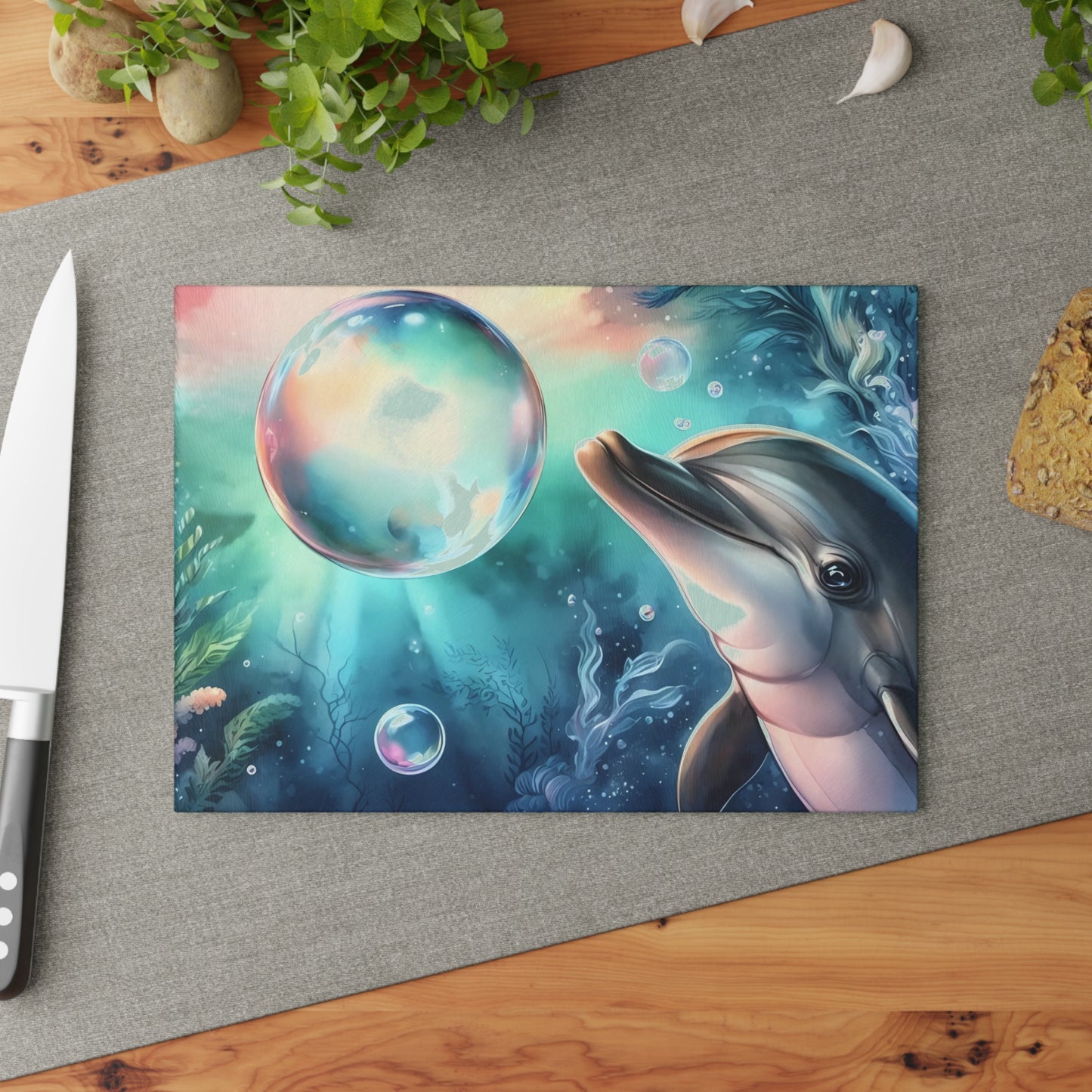 Tabla de cortar con diseño de delfín, vidrio templado con vibrantes escenas de delfines, regalo para chef, regalo para ella, regalo de boda o inauguración de la casa.