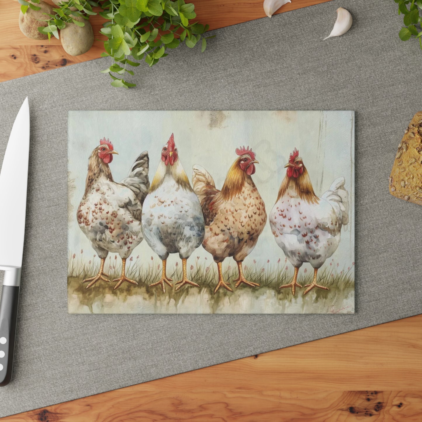🐔🌿 “Country Hen Parade” Glass Cutting Board – Classic Farmhouse Charm