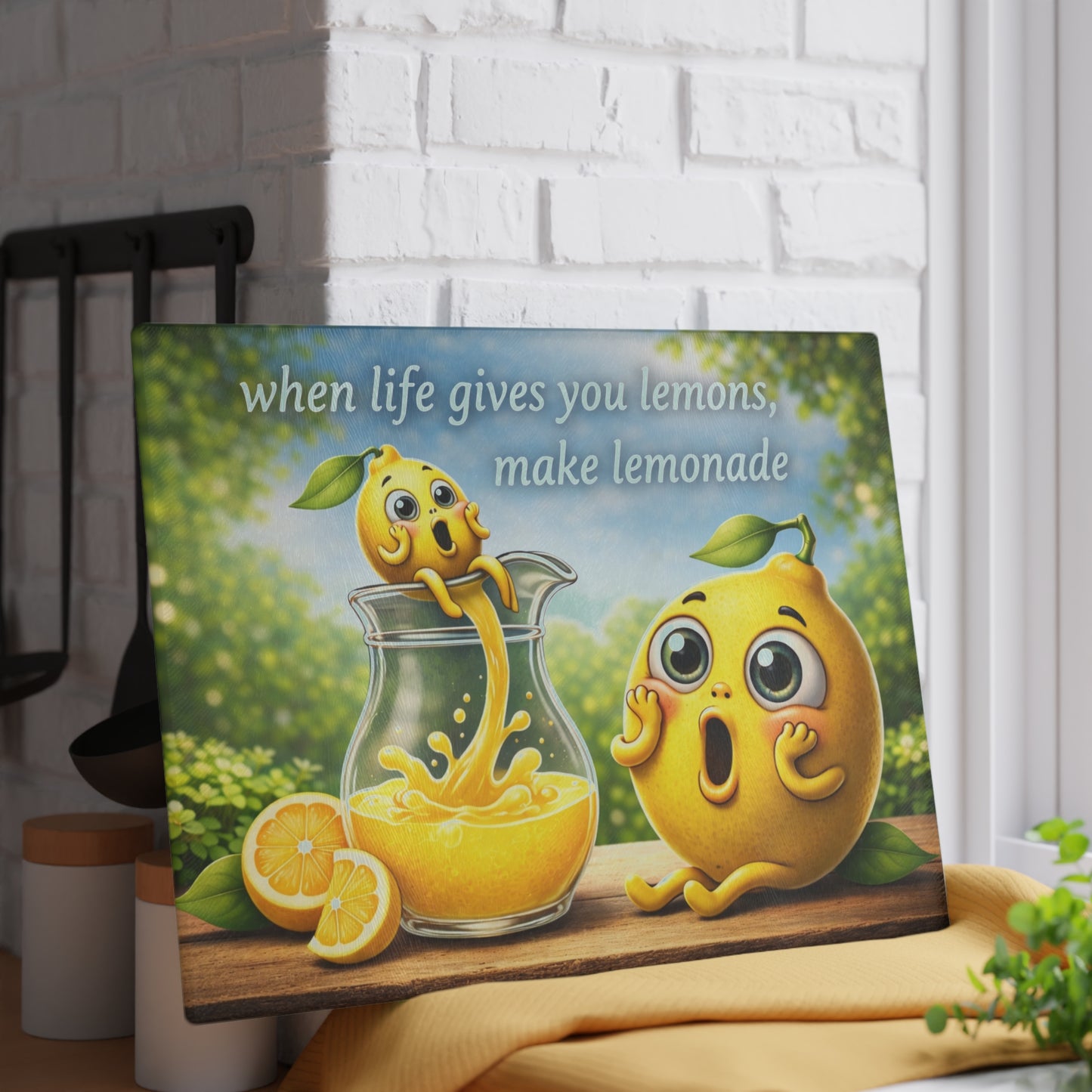 When Life Gives You Lemons Glass Cutting Board – Cute Lemonade Kitchen Art with Positive Quote