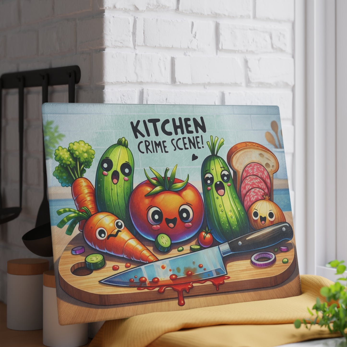 Kitchen Crime Scene Glass Cutting Board – Funny Vegetable Cartoon Kitchen Decor