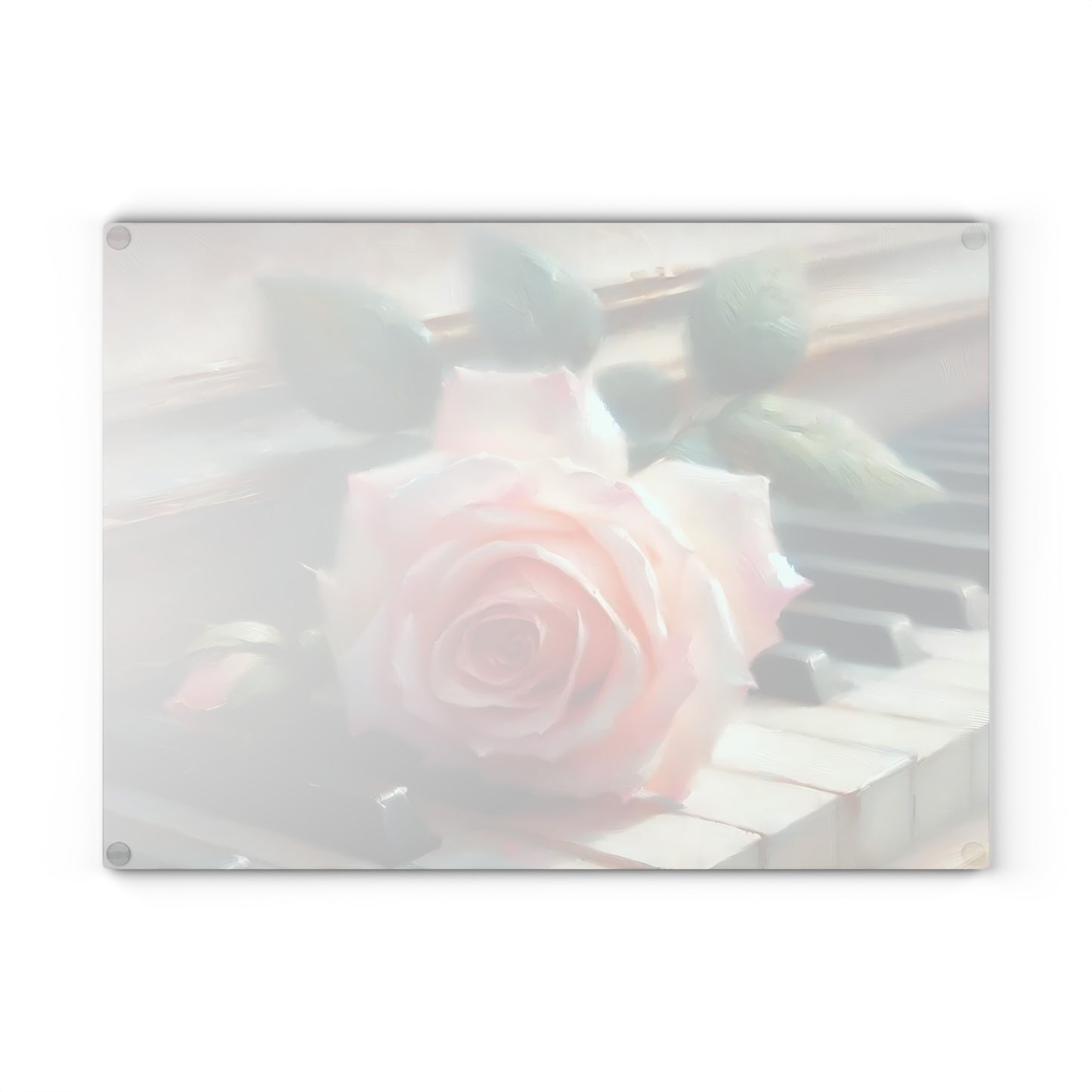 Tabla de cortar de vidrio templado con una rosa rosa sobre teclas de piano, elegante decoración de cocina con música y flores, regalo para músicos, tabla de charcutería