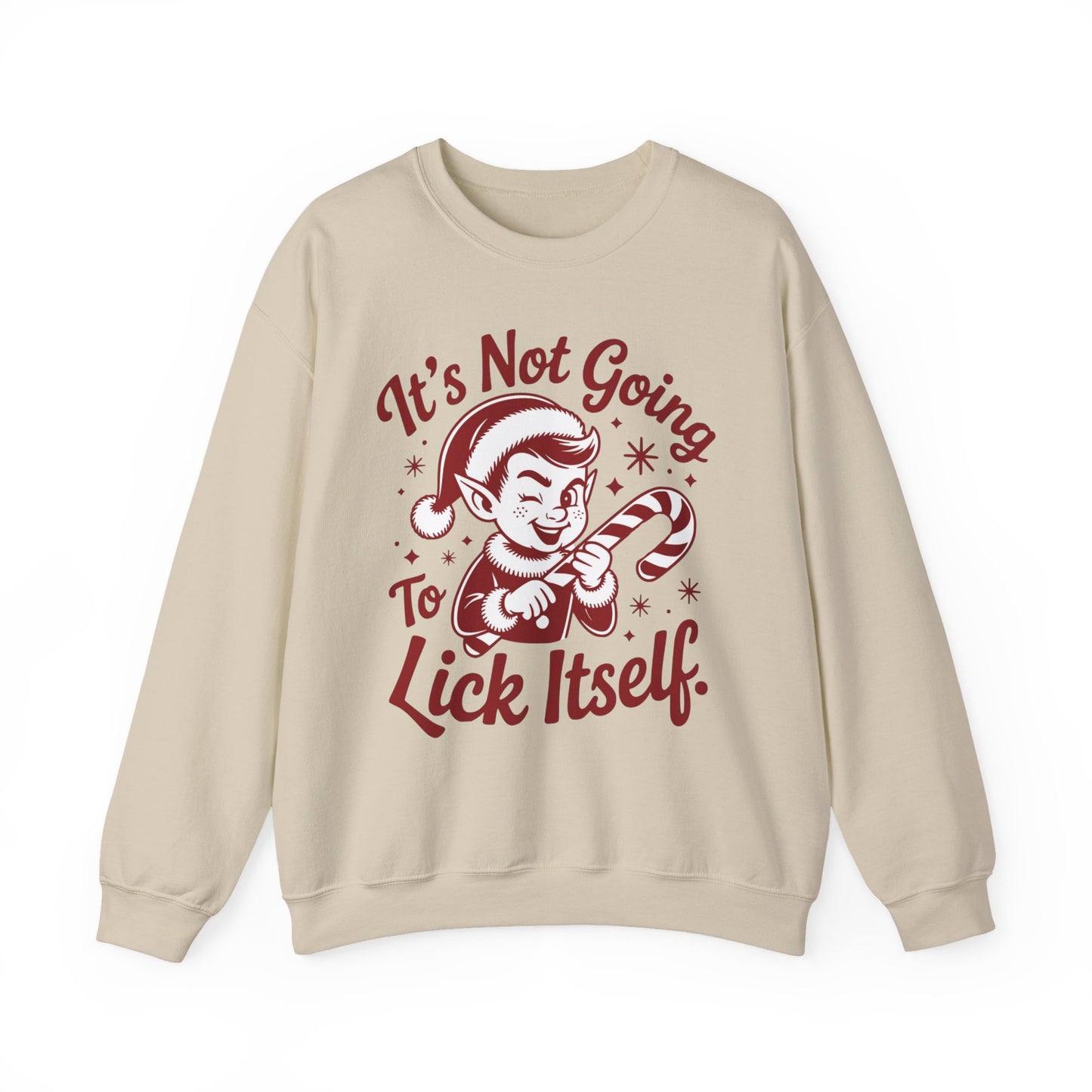 🍭😅 “It’s Not Going To Lick Itself” Men’s Funny Elf Sweatshirt – Bold Candy Cane Humor Crewneck