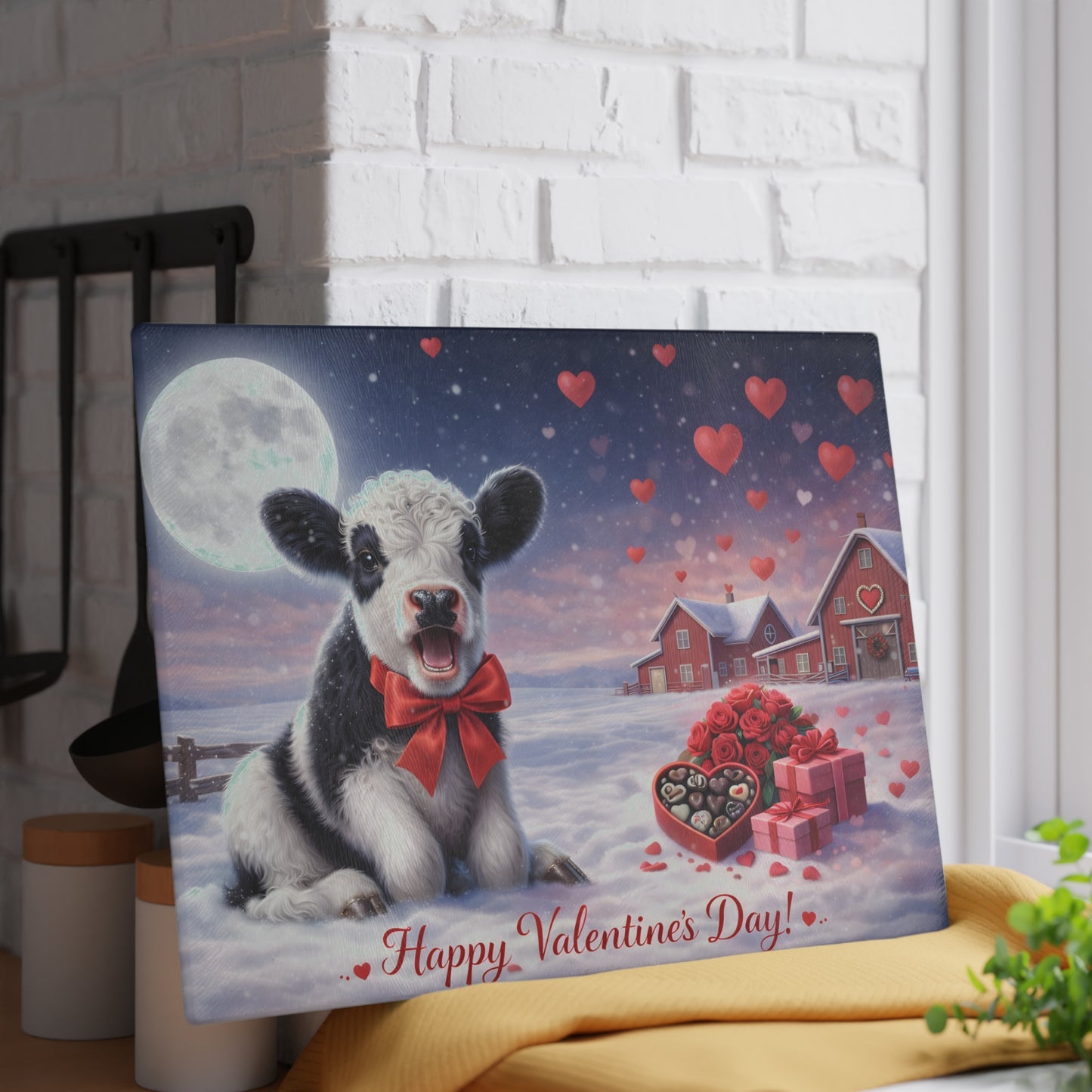 Valentine Calf Moonlight Farm Glass Cutting Board – Cozy Winter Farm Love Scene Kitchen Accent