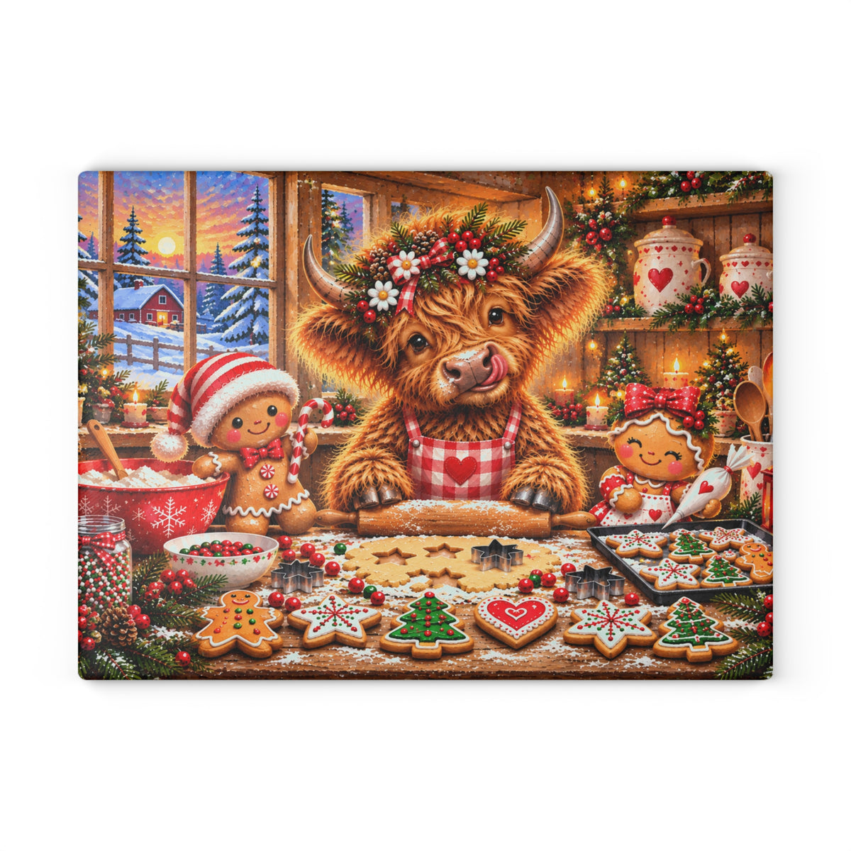 Christmas Highland Cow Baking Cookies Tempered Glass Cutting Board – Gingerbread Farmhouse Christmas – 11 × 15 Inches