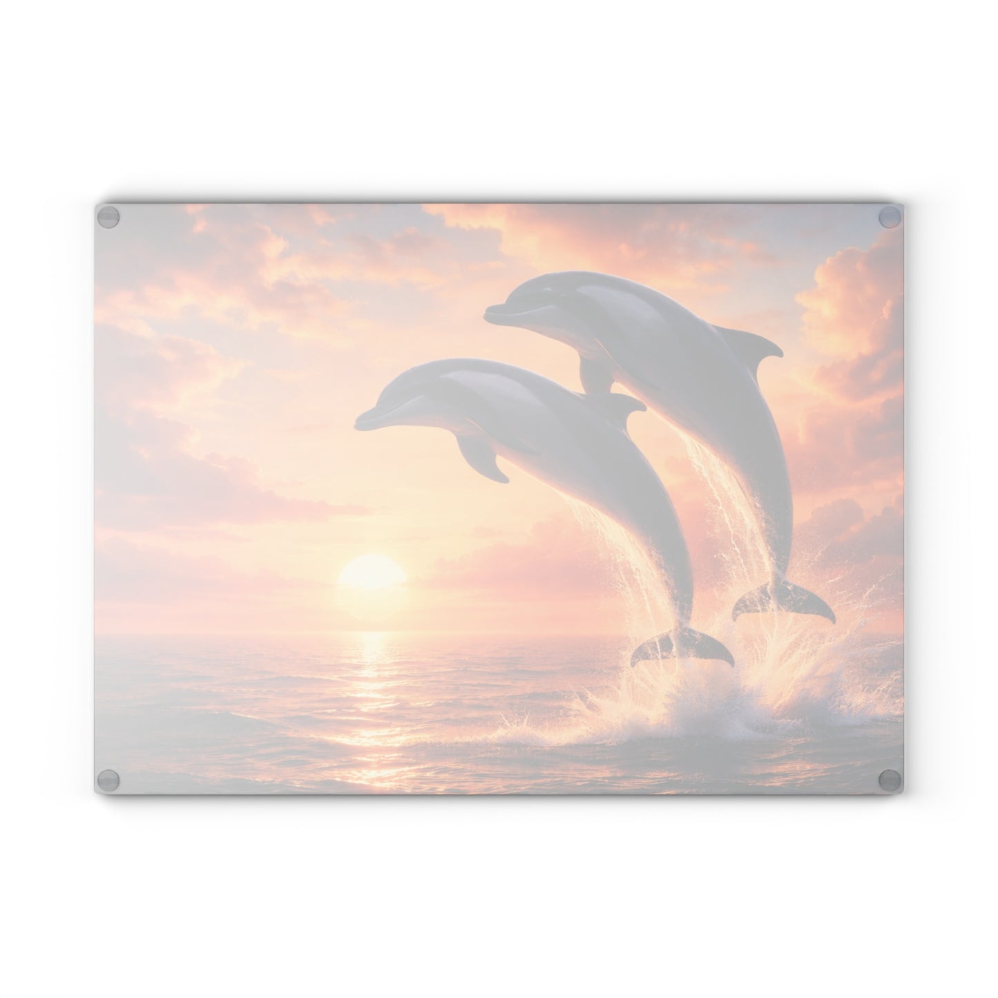 Dolphins at Sunset Glass Cutting Board – Peaceful Ocean Artwork with Golden Horizon