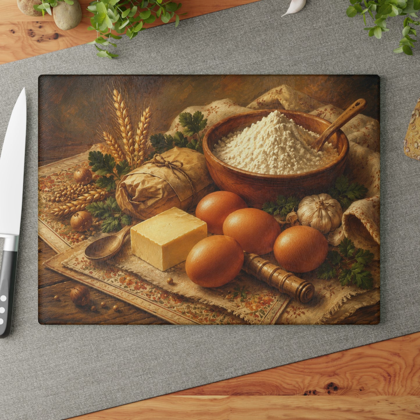Vintage Baking Ingredients Glass Cutting Board – Rustic Farmhouse Kitchen Artwork