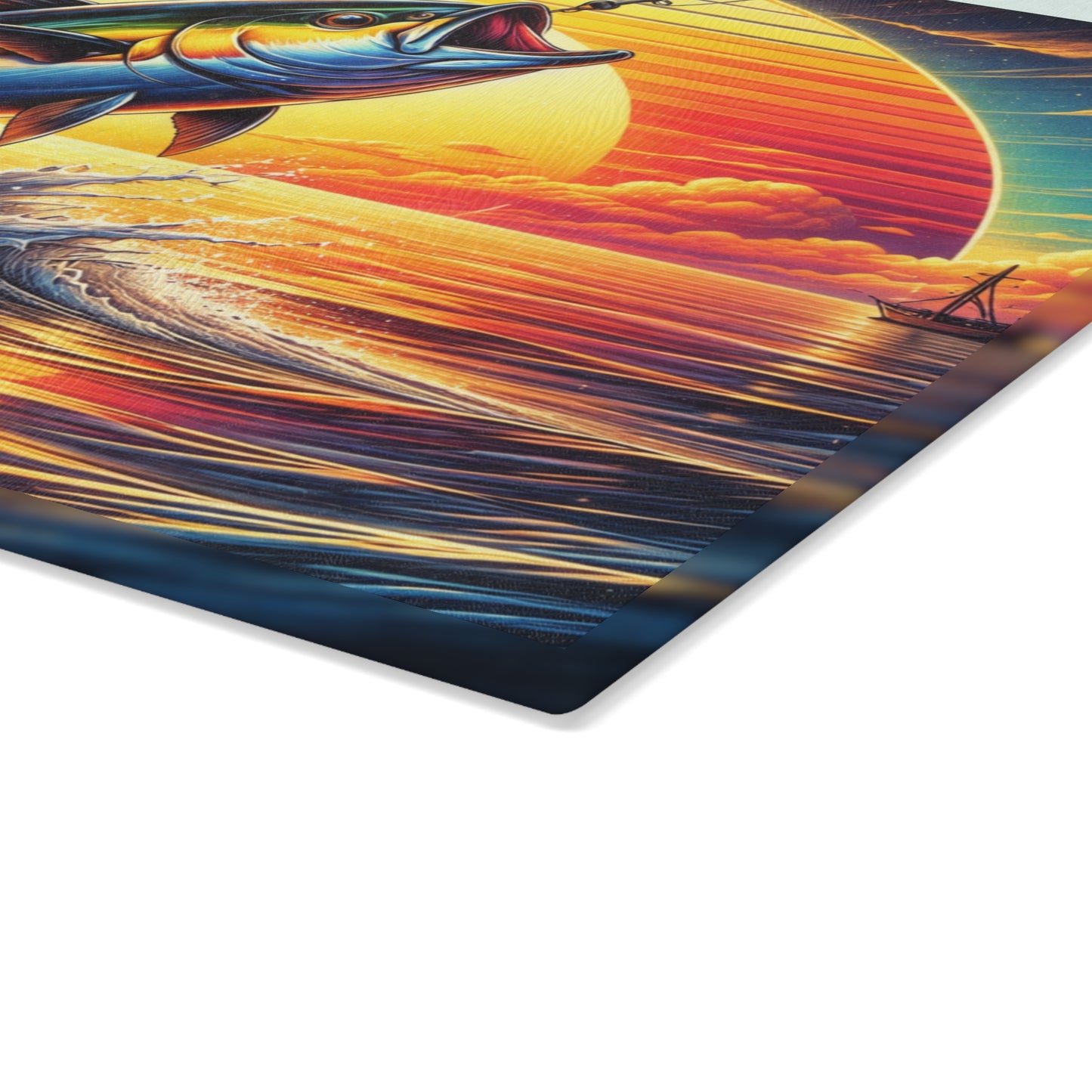 Retro Sunset Fishing Glass Cutting Board – Vibrant Ocean Angler Kitchen Art