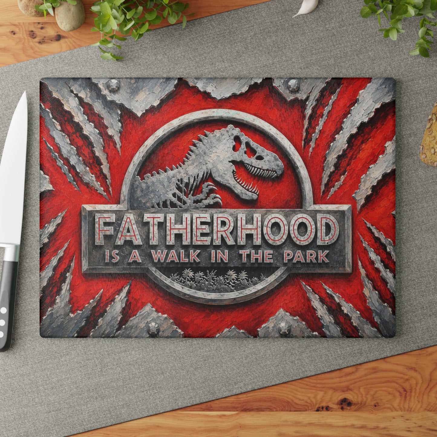 Dinosaur Dad Glass Cutting Board – Funny Father’s Day Gift, Prehistoric Dinosaur Kitchen Decor