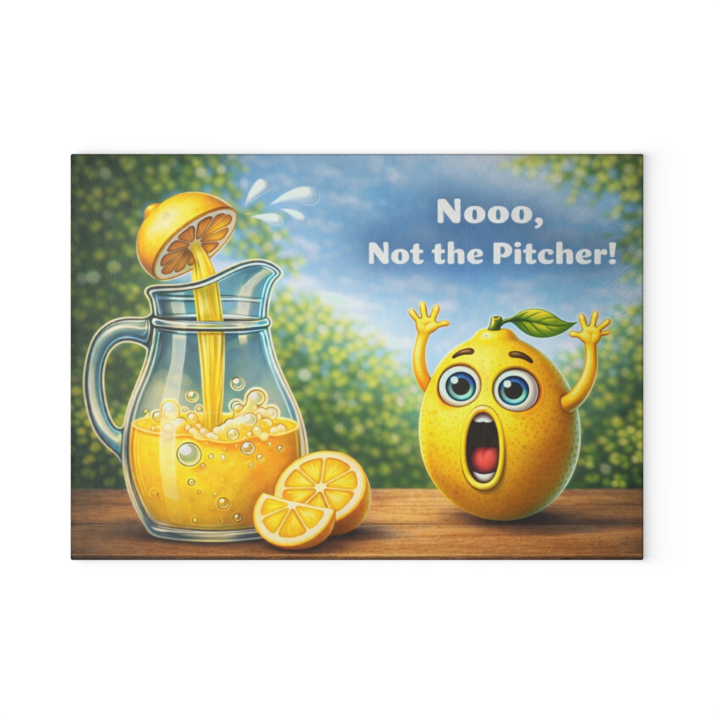 Nooo, Not the Pitcher! Glass Cutting Board – Playful Lemonade Humor Kitchen Artwork