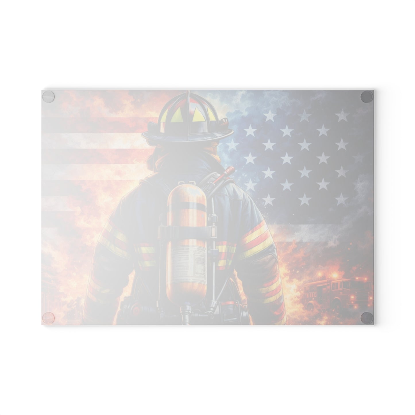 American Firefighter Tribute Glass Cutting Board – Patriotic Hero Kitchen Art