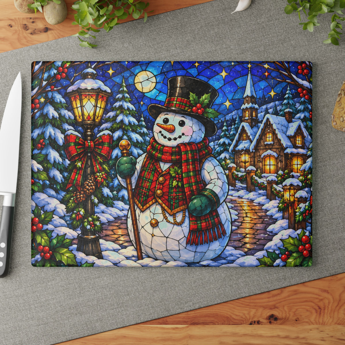 Snowman Christmas Village Stained-Glass-Look Glass Cutting Board – Winter Holiday Kitchen Decor