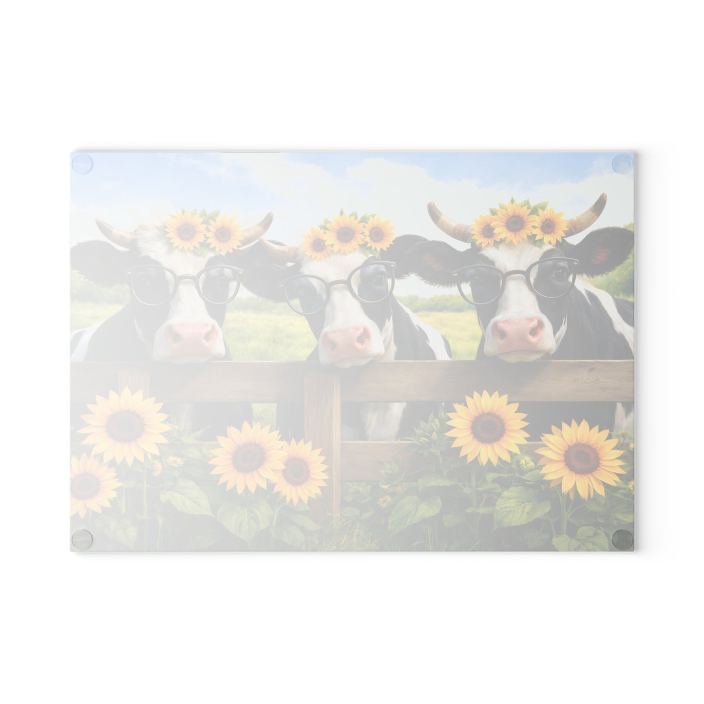Sunflower Cow Trio Glass Cutting Board – Cheerful Farmhouse Kitchen Accent