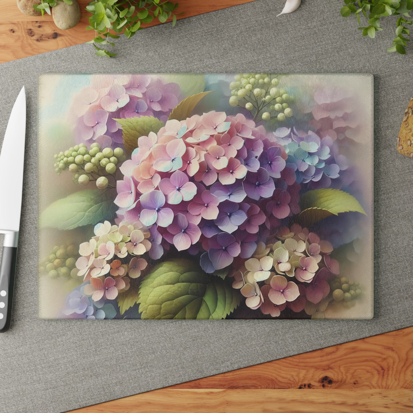 Tabla de cortar de vidrio templado con flores de hortensia: elegante decoración floral para la cocina, regalo único, tabla de cortar de vidrio, tabla para charcutería, tabla de cortar personalizada, flores